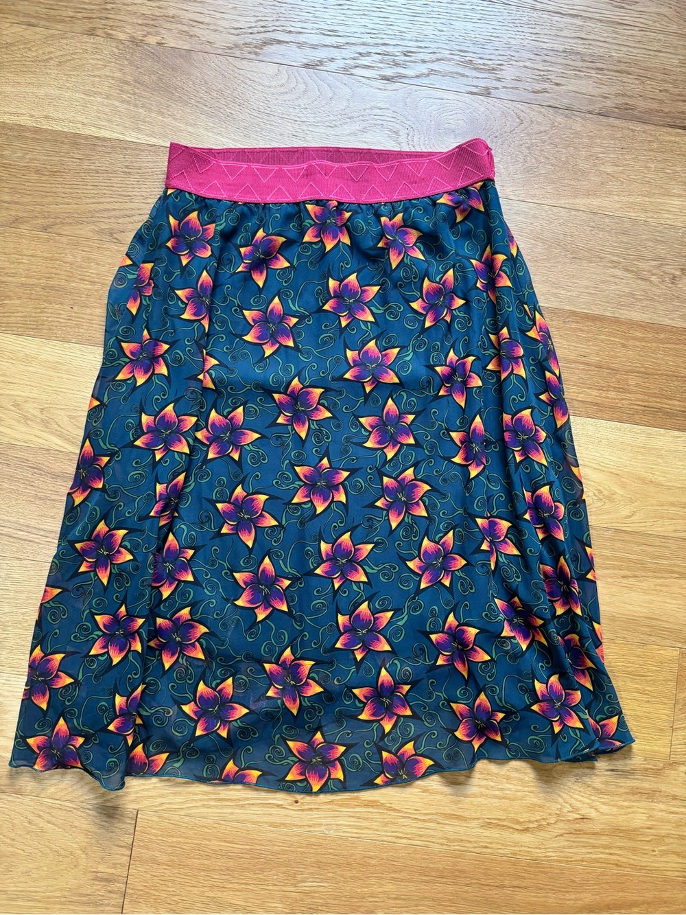 LuLaRoe Teal Floral A-Line Skirt with Pink Waistband